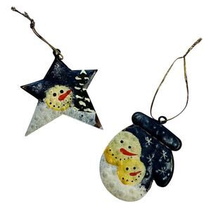 Primitive Farmhouse Christmas Bundle Of 2 Snowman Tin Tree Ornaments